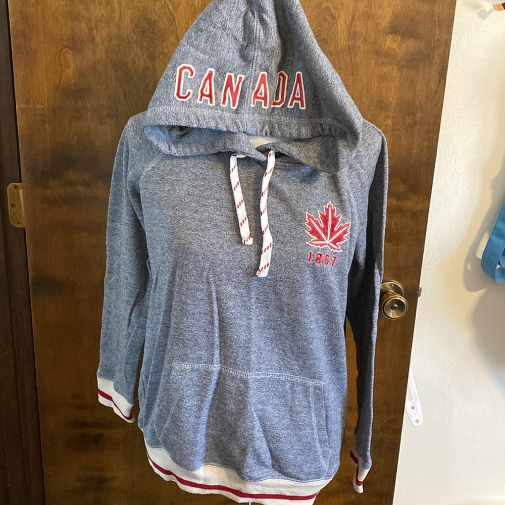 BLUNOTES Gray Hoodie with Red Maple Leaf Design. Canada letters on hood. Size M